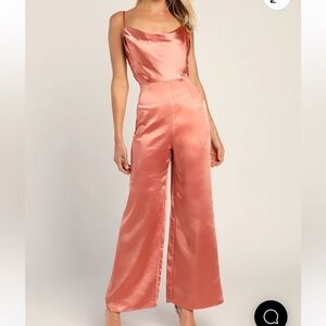 Lulu’s LUSH Cowl Neck Satin Jumpsuit in Soft Pink